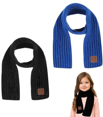 VARKAGE 2 Stück Gestrickter Schal Kinder, Weicher Schön Schals für Mädchen, Niedlich Winter Warm Kinder Schal für Jungen (Schwarz, Blau)