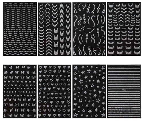 GlamRays 8 Feuilles 3D Autocollants Art D'Ongle French Tip Autoadhésifs Stickers Argent Paillettes Stickers Ongles Décorations Étincelantes Courbes Lignes Designs Art D'Ongle