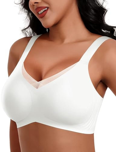 HORISUN Wireless Bras for Women, Non Wired Comfortable Seamless Support Bra Lift Full Coverage Bra Mesh Lace Deep V Plus Size Bralettes (White 2XL)