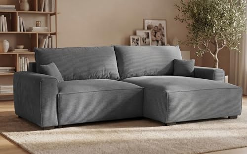 BUDWING Lauren Sofá Cama 3 Plazas – Chaise Longue Reversible con Almacenaje – Estilo Moderno, Tejido Resistente de 380 g/m² – 269x158x96 cm - Gris Puro