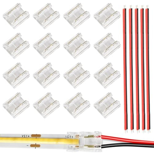 21PCS 2-Pin 8mm FCOB Connector Kits, 16 Strip Light Connectors & 5 Extension Jumper Wires DIY for COB SMD 5V/12V/24V Single Color LED Tape Lights Strip Straight Connection or Around Corners