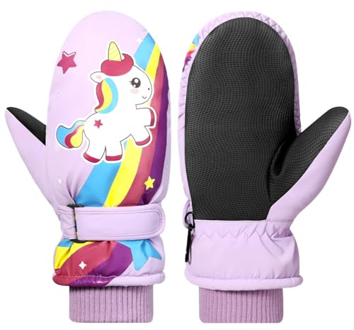 Guantes de Nieve para Niños/Niñas, Guantes de Esquí Impermeables para Climas Fríos, Antideslizantes, Cinta Mágica Ajustable, Guantes para Actividades al Aire Libre en Invierno (Morado, S)