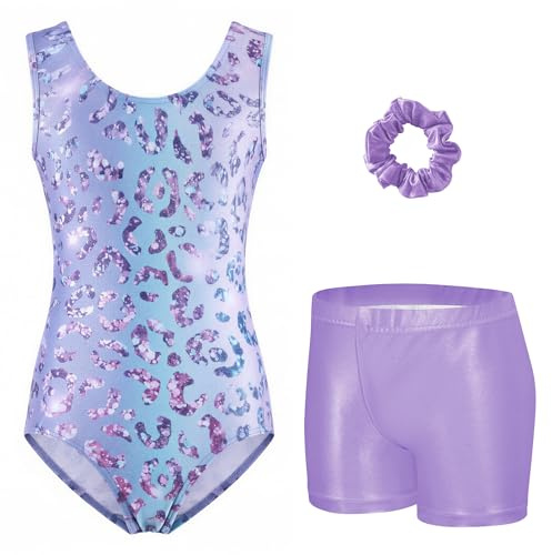 Arshiner Justaucorps de Gymnastique Fille Ensemble de Gymnastique Trois Pièces pour Enfants Justaucorps Sans Manches avec Shorts et Bandeau Tenue Leotards avec Design de Imprimé 3-10 Ans