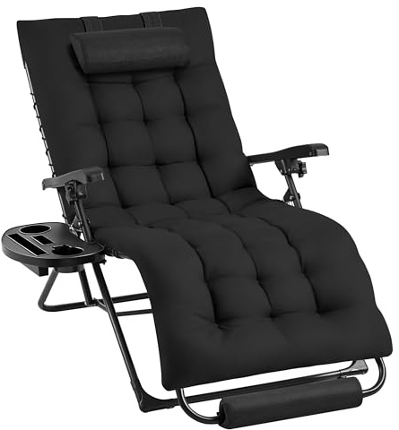 Yaheetech Sdraio da Giardino, Sdraio Lettino Prendisole Richiudibile, Sdraio Mare con Cuscino Poggiatesta, imbottitura ergonomica extra larga, Poggiapiedi, Portabicchieri (1, Nero)