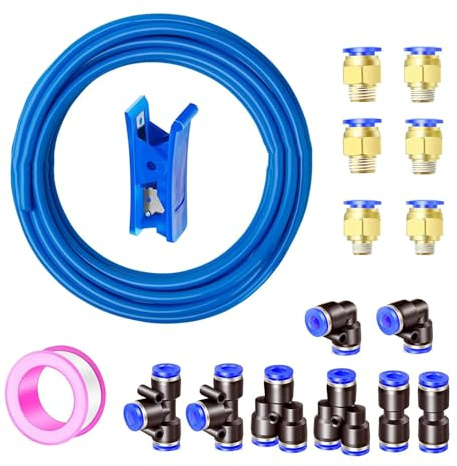 HUAZIZ Tubo pneumatico in poliuretano, 15 m, flessibile, per aria compressa, esterno 10 mm x interno 6,5 mm, blu, con connettore pneumatico Air Push (Y/T/L/I)