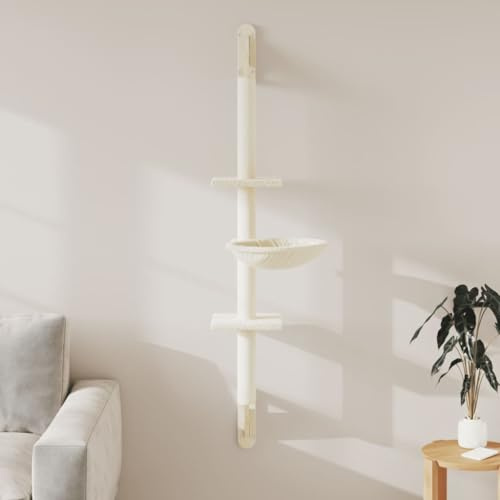 QUAHEAS Arbre à chat - Montage mural - Crème - 142,5 cm - Avec colonne à gratter en sisal - Surfaces de couchage en peluche - Meuble en bois solide pour escalade, jouer et se détendre dans