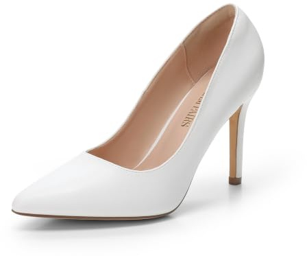DREAM PAIRS Women's Closed Pointed Toe High Heels,White/Pu,9