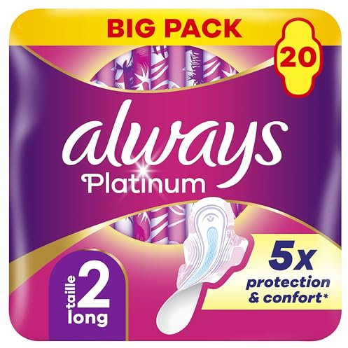 Always Platinum Serviettes Long (taille 2) Avec Ailettes20, Voile Supérieur Protecteur Ultra-Doux, Parfum Léger