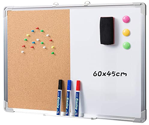 DOEWORKS Magnetic Whiteboard & Bulletin Board Set 60 x 45cm Combination Board, Wall Mounted Hanging Noticeboard, Dry Erase & Cork Board for Home Office School