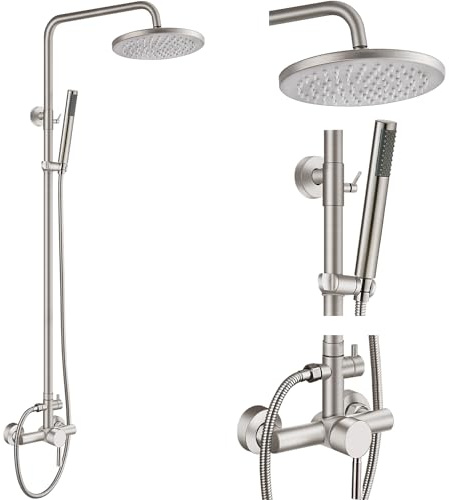 Gebürstetes Nickel Outdoor Duscharmatur Set SUS304 Edelstahl 8 Zoll Regen Duschkopf mit Zylinder Handbrause Wandmontage 1-Griff Duscharmatur mit verstellbarer Schiebestange