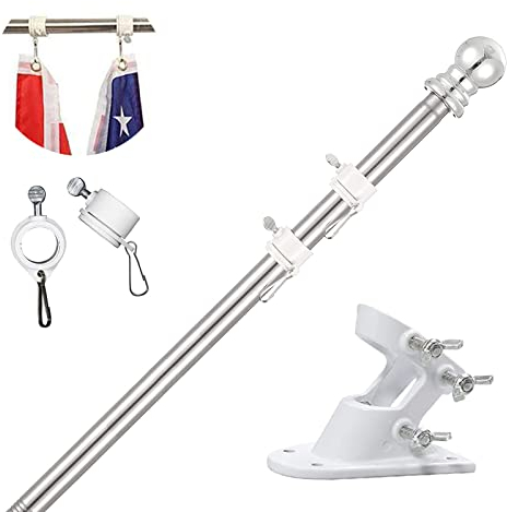 TALITARE Kit Asta Bandiera di Alluminio Argento 180cm con Staffa Asta Bandiera in Acciaio Inossidabile, Set Pennone per Bandiera con Anello Rotanti per Montaggio a Parete Regolabile/Base Bianco