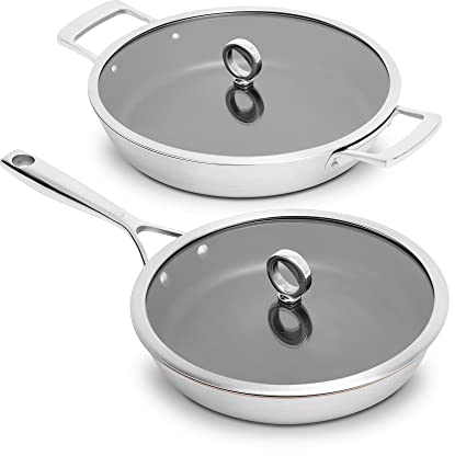 Olavson Pfannenset, Kupferpfanne, Induktion, mit Deckel, Antihaft, PFOA-frei, Keramik verstärkt, Pfanne beschichtet, Bratpfanne, Spülmaschinenfest, Edelstahl (26cm Stielgriff | 30cm Servierpfanne)