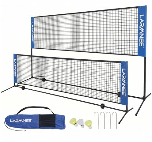 LARMNEE Filet de Badminton, 3m Filet de Badminton Pliable, Réglable sur 3 Hauteurs, Filet de Tennis Portable, Filet de Volley Exterieur, Cadre Robuste Métal, avec Sac de Transport ELH03BN02