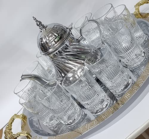 Service à thé marocain complet, théière 48oz, plateau 46 cm avec poignées et 12 verres argent