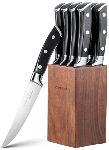 Steak Knives Set of 8, 5 Inch Non Serrated Steak Knife with Walnut Block, Razor-Sharp German Stainless Steel Dinner Knives, Durable Full Tang Forged Straight Edge Meat Knife for Home Dining&Gift