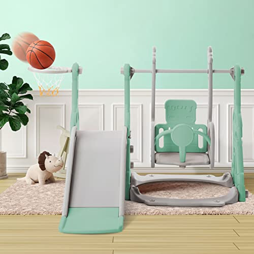 JOROBURO Toboggan pour Enfant 4 en 1 avec Panier de Basket, Aire de Jeux intérieure et extérieure, kit de Jeu d'escalade autoportant (Vert)