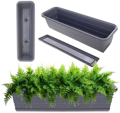 KADAX Jardinière avec sous-plateau en kit, avec ou sans supports de jardinière, pot de balcon en plastique, bac à plantes, casier de balustrade, pot de fleurs (Anthracite, 60cm)