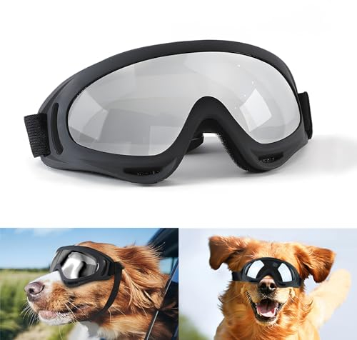 Hunde Sonnenbrille, badaren Hundebrille UV Wasserdicht Winddicht Einstellbar, Mode Hunde Schutzbrille für Mittel Große Hunde (Silber)