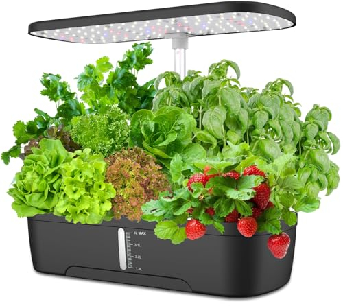Hydroponisches Anzuchtsystem mit 12 Töpfen, LED Pflanzenlampe Indoor Kräutergarten Komplettset mit LED Wachstumslicht，Verstellbare Höhe, Smart Garden Perfekt für Zuhause und Büro (Schwarz)