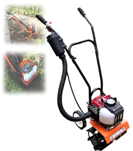 FAcoLL Garden Petrol Tiller, 2.2kw Lawn Soil Rotavator Cultivator with 4 Tiller Blades, 2 Stroke Petrol Engine Hoe, Lawn Scarifier for Lawn Farms Orchards Yards Fields