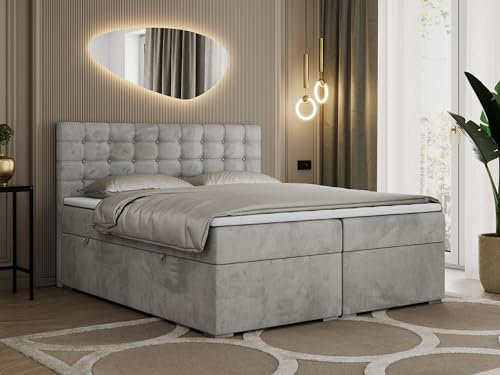 MKS MEBLE Boxspringbett Grau 200x200, Polsterbett 200x200 mit Bettkasten, Bett 200x200 mit Multipocket-Matratze H3, Boxspringbett 200x200 mit Kopfteil und Topper - H3 Hellgrau Velvet - Susan
