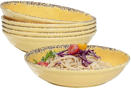 ZAROCRUS Farmhouse Melamine Pasta Bowls Set, 42 OZ Large Salad Bowls Set, 9.25 inch 6 Piece large Soup Bowls,Wide and Shadow Rustic Round Serving bowl, Set of 6 Dinner Bowl,Yellow…