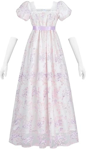 LTAKK Vestidos Regency para mujer, mangas abombadas con faja, vestido largo floral, cintura imperio, vestido renacentista, elegante, maxi para bodas, galas, vestidos de fiesta de té para mujer, Morado