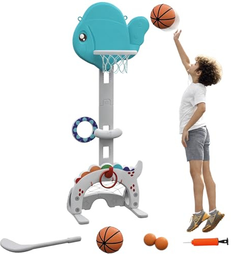 AIYAPLAY Canasta de Baloncesto Infantil 5 en 1 Canasta de Baloncesto para Niños Altura Ajustable con Temática de Pez Dorado Fútbol ​​Golf Anilla Juego de Lanzamiento de Pelota para Interior Multicolor