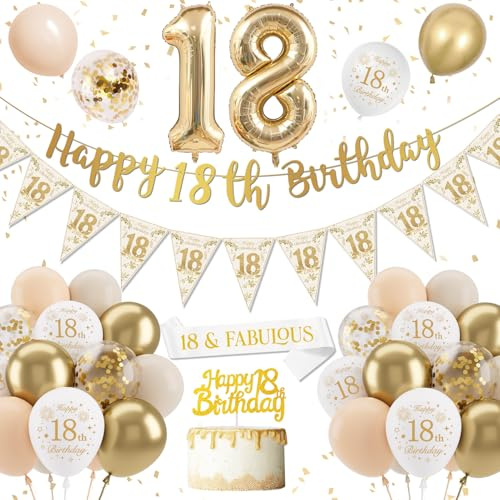 Palloncini 18 Anni Compleanno Sabbia Bianco Oro, Decorazione per Donna, Festone Buon Compleanno, Addobbi Festa Bianco Oro