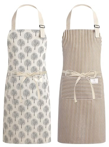 Halinuia 2 Stück Schürze Damen Kochschürze Damen Antifouling Verstellbare Küchenschürze mit 2 Großen Tasche Latzschürze Damen für Kochen Backen Hausarbeit Gartenschürze