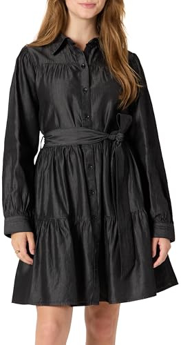 Amazon Essentials Women's Fit and Flare Denim Chambray Long-Sleeve Tiered Shirt Dress, Black Wash, L