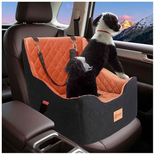 Dog Car Seat for Small/Medium Dogs Under 40lbs, Dog Booster Car Seats Memory Foam and Velvet, Detachable and Washable Pet Booster Carseats with Clip-On Satebelt and Storage Bag.(Black/Brown)