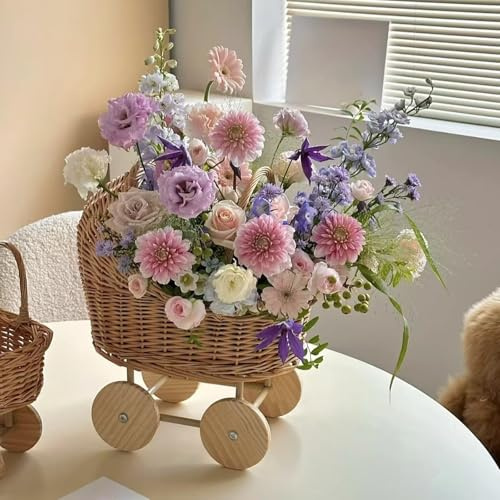 Rattan Flower Girl Trolley, Woven Rattan Flower Basket, Stroller Shaped 𝗥𝗮𝘁𝘁𝗮𝗻 𝗙𝗹𝗼𝘄𝗲𝗿 𝗕𝗮𝘀𝗸𝗲𝘁 with Handle, Woven Decorative Basket for Flower Girl, Weddings & Events (Beige-L)