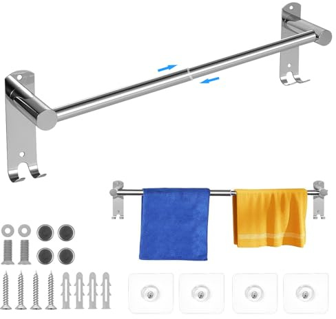 THATSRAD Porte-Serviette Rétractable 43-78cm, Barre de Serviette Mural en Acier Inoxydable Porte Torchon Argent avec Crochet Porte Servïette Extensible avec Vis et Colle pour Salle de Bain et Cuisine