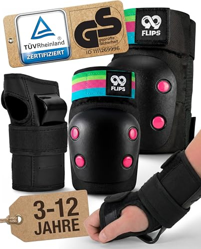 99FLIPS Protezione Pattini Bambina Ginocchiere Bambino - Set Protezioni Skateboard Bambini Ginocchiere e Gomitiere - SLIDE - Taglia SM - NERO ARCOBALENO - Protezione Roller Bambina