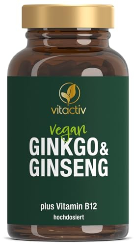 VITACTIV Ginkgo & Ginseng Kapseln - 60 Stk. - Hochdosiert, 5000mg Ginkgo und 1000mg Ginsengwurzel - Plus Vitamin B12 - Alternative zu Brain Booster & Gedächtnis Kapseln - Vegan, Laborgeprüft