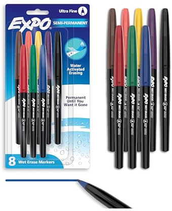 EXPO Vis-a-Vis Wet Erase Markers, Semi-Permanent, Assorted Colors, Ultra Fine Tip, 8 Count - For Writing on Glass, Whiteboards, Mirrors, Calendar, Labeling, Organizing