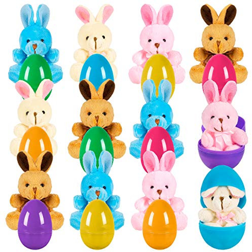 Whaline 12Pcs Easter Eggs with Plush Bunny Colorful Easter Eggs Filled with Plush Rabbit for Easter Gifts Classroom Exchange Gift School Rewards Party Souvenirs