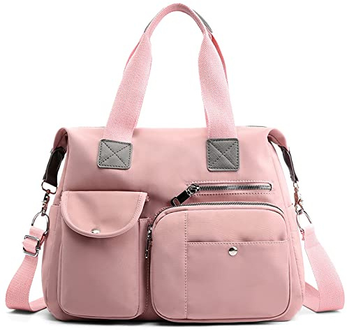 FORRICA Bolsos Mujer Bolsa Bandolera Grande Bolsas de Hombro Damas Bolso Shopper Impermeable Paño de Oxford Bolsos de Mano para Mujer Multibolsillos Rosa