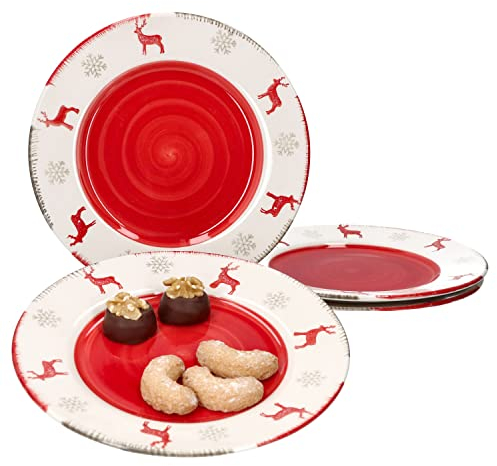 MamboCat 4er Set Rentier Unik Kuchenteller I 4 Personen I Gebäckteller für Weihnachten mit Hirschen & Schneeflocken I Plätzchen, Kekse I Christmas I Frühstücks- oder Dessertteller flach I Steingut
