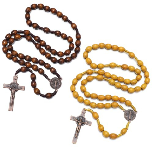 KOMI 2 PCS Handmade Wood Rosary for Men Woman Holy Prayer Beads Rosary Necklace with Saint Benedict Medal Jesus Cross Crucifix Christian Gift for Men
