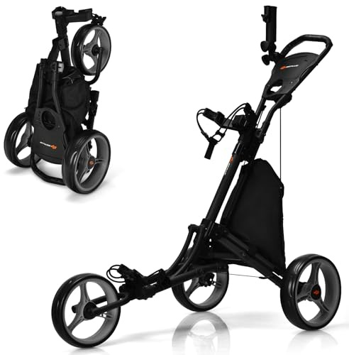 GYMAX Chariot de Golf à 3/4 Roues, Caddie de Golf Pliable Manuel | Porte-Sac, Porte-Parapluie, Cadre Robuste en Aluminium Pliable, Poignée Réglable, Tableau d'Affichage, Porte-Boisson