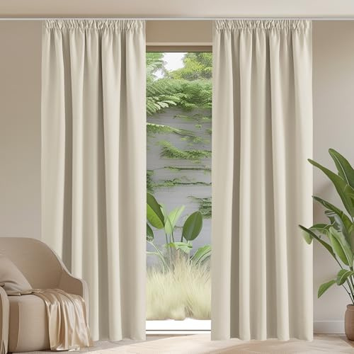 PONY DANCE Thermal Curtains for Bedroom - Light Beige Pencil Pleat Blackout Linen Curtains Light Beige Privacy Protected Windproof Drapes for Kids Boys Girls Nursery, W90 X L90, 2 Panels