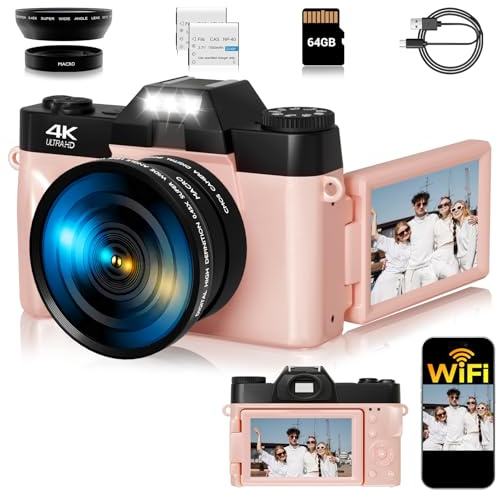 Cámara digital 4K para fotografía, cámara WiFi de video Vlogging de 56MP para YouTube con visualización abatible de 3 pulgadas de 180°, tarjeta SD de 64 GB, zoom digital de 16x, 2 baterías, cámara