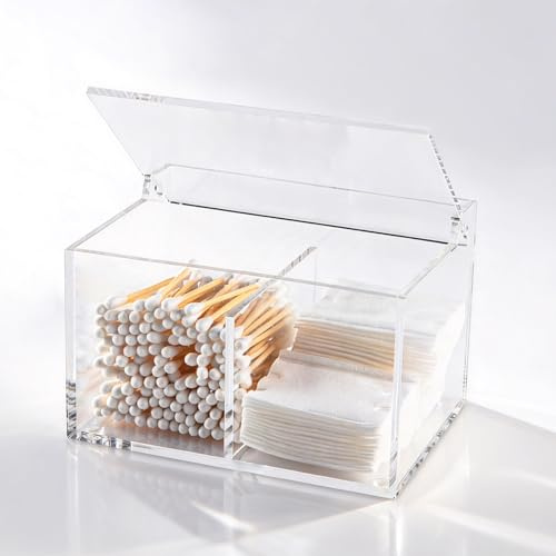 Dealpoli Clear Acrylic Cotton Swab Ball Holder Qtip Organizer with Lid 2-Grid Canister for Make Up Pads, Floss Picks, Vanity Storage,Bath Salts, Cosmetics, Home Bathroom Decor (DP004)