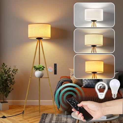 Lampada da Terra Treppiede, Lampada LED Dimmerabile 3 Temperature Colore, Piantana con Telecomando, Ripiano Portaoggetti, LED E27, Lampada da Pavimento per Soggiorno, Camera da Letto, Ufficio (Beige)