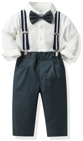Acuryx Completini e Coordinati Gentiluomo Set per Bambino Ragazzo Battesimo Completo Camicia con Farfallino + Pantaloni con Bretelle 90cm