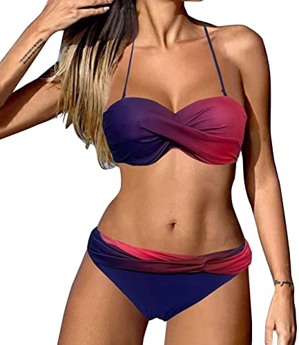 Maillot Transbronzant Ensemble Chic Et Elegant Deux pièces imprimé Ensemble Wrap Impression Bikini Maillot de Bain pièce Taille froncé rétro remorquage dégradé Maillot De Bain Femme Forte (Purple, L)