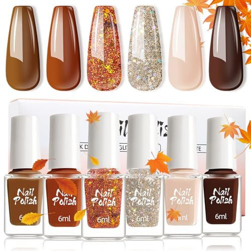 DMQ Nail Polish Set, 6 Colors Fall Winter Glitter Nail Varnish Kit Orange Brown Gold Glitter Quick Dry Nail Polish Gel Manicure Nail Art Manicure DIY Home for Women