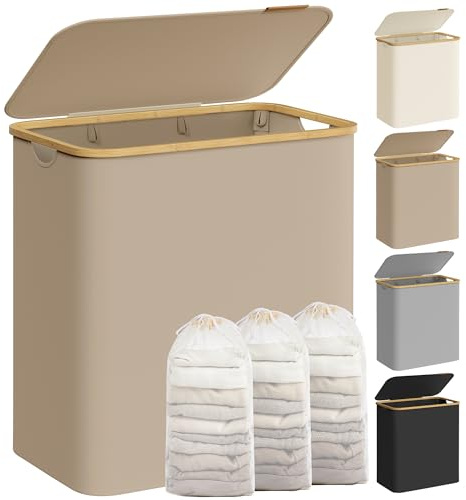 SONGMICS Cesto Portabiancheria con Coperchio a 3 Scomparti, Cesta per Bucato, 150L, Sacco Rimovibile, Tessuto Oxford, Manici di Bambù, Pieghevole, 60 x 38,5 x 70,5 cm, Marrone Cammello LCB515N02